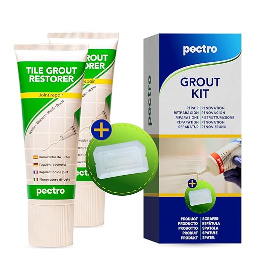 PECTRO Tile Grout Repair Paste, White, 14.1 oz (400 g) Squeeze Tube with Adjustable Spatula - Fast Drying, Odorless Filler for Grout Lines, Cracks & Gaps (Bathroom, Kitchen, Floor Tile) (KIT X 2)