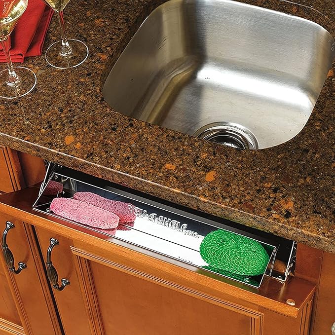 Rev-A-Shelf 16" Slim Tip-Out Sink Tray for Kitchen and Bathroom Base Cabinets, Large Pull Out Stainless Steel Storage Organizer, Silver, 6541-16-52