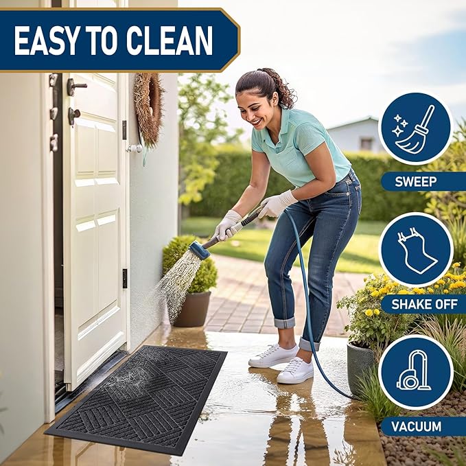 Smiry Front Door Mat Outside Entrance, Heavy Duty Outdoor Indoor Mat, Natural Rubber Doormat, Non Slip, Trap Dirt and Moisture, Easy Clean, Low Profile Patio Porch Entryway Mat, 29.5x17, Black Grey