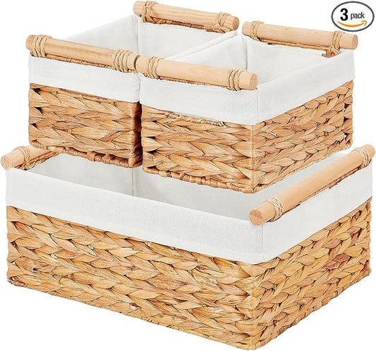 Vagusicc Wicker Storage Basket, 3-Packs Water Hyacinth Storage Baskets for Organizing, Large Cube Storage Organizer Baskets Bins with Handles for Shelves Decor, Small Toilet Paper Storage Basket