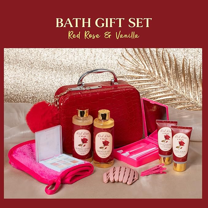 Valentines Gifts Birthday Gifts for Women Teens Girls, Spa Gift Set for Women, 12 Pcs Rose Vanilla Bath Set, Self Care gifts Bag Makeup Cosmetic Bag, Spa Kit for Teenage Gift, Daughter Gift Set