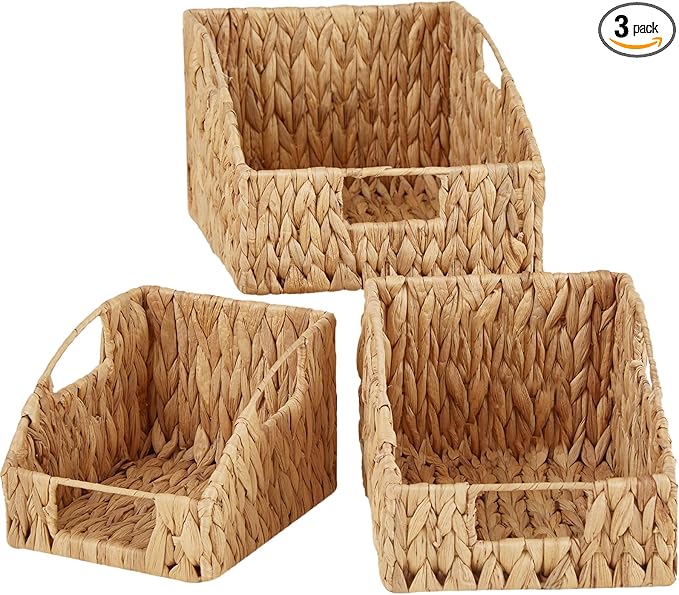 Vagusicc Wicker Storage Baskets for Organizing, 3-pack Hand-Woven Wicker Baskets with Built-in Handles, Water Hyacinth Storage Baskets for Shelves Storage, Small Pantry Baskets Kitchen Organizers
