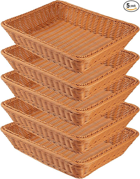 5 PCS 13.8x9.8 Inch Wicker Bread Basket, Woven Serving Basket, Tabletop Food Serving Basket for Restaurant, Bakery, Family Party, Hotel Serving, Fruits, Vegetables and Snacks, Brown