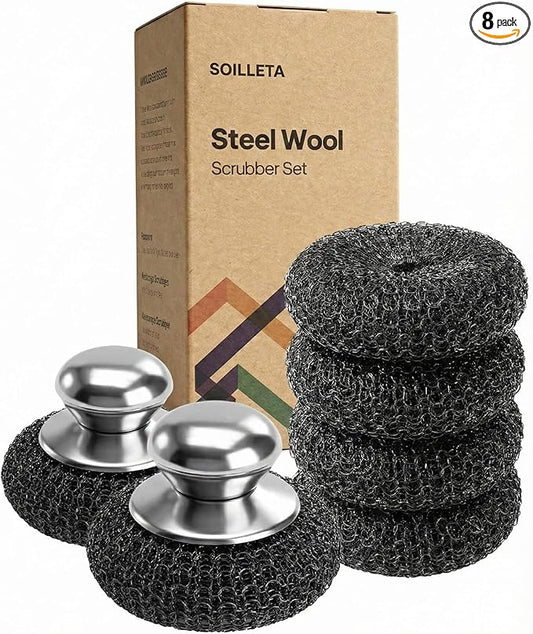 8 Pcs Steel Wool Scrubbers with 2 Pcs Handle,Stainless Steel Scouring Pads for Cast Iron Skillets, Grill & Kitchen Pots - Rust Resistant, Non-Splintering Heavy Duty for Tough Grease