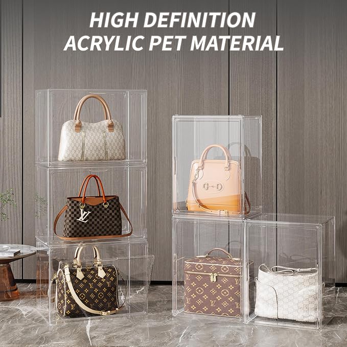 Purse Organizer for Closet,3 Packs Clear Acrylic Display Case for Handbag Organizer,Purse Storage Box with Magnetic Door, Stackable Plastic Storage Bins for Handbag,Collectibles, Cosmetic