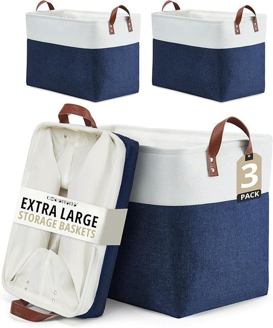 DECOMOMO Extra Large Storage Baskets, Fabric Storage Bins with Handles for Organizing Shelves, Toys, Nursery, Laundry (Navy Blue & White, 3pcs)
