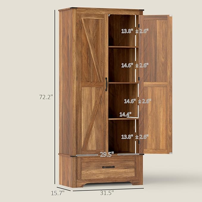 HOMCOM 72" Tall Farmhouse Kitchen Pantry Cabinet - Kitchen Storage Cabinet with Adjustable Shelves & 2 Barn Doors & Drawer, Versatile Storage Unit for Dining Room, Brown