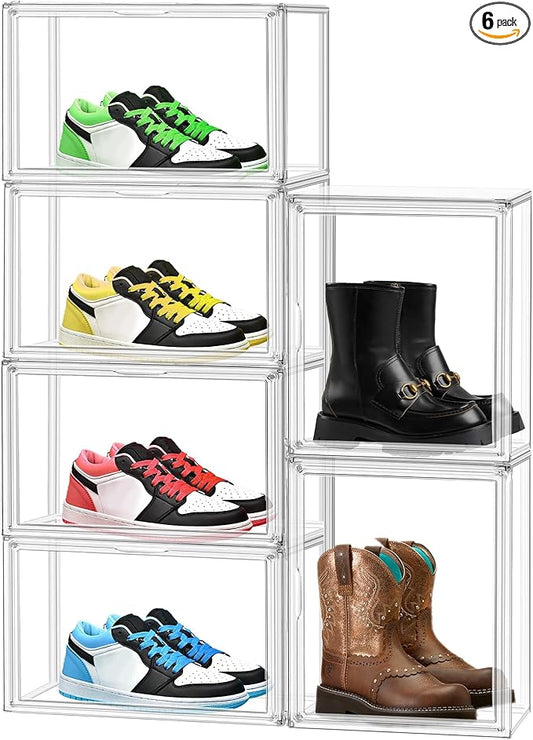 X-Large Clear Shoe Storage Box Stackable Shoes Box Acrylic Sneaker Display Case Shoe Boots Organizer with Lid, 6 Pack