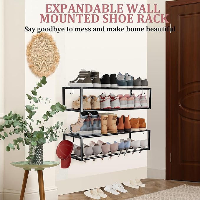 2 Pack Expandable Wall Mounted Shoe Rack, 17"-31" Adjustable Hanging Shoe Rack Holds 16 Pairs, Heavy Duty Metal Shoe Holder with 4 Storage Hooks, Space Saving for Entryway Closet Doorway（Black