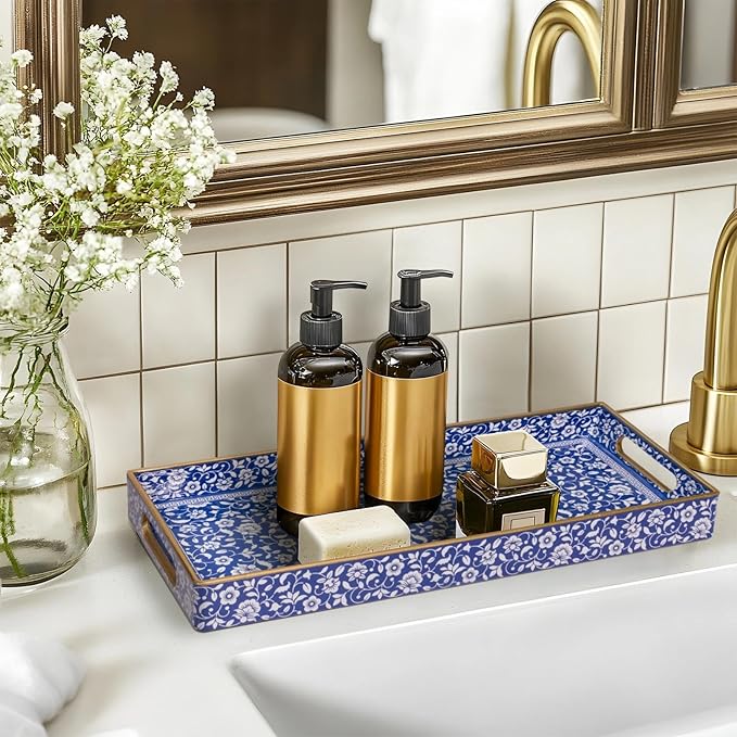 MAONAME Blue Vanity Tray, Bathroom Counter Tray, Plastic Decorative Trays with Handles, Storage Dresser Trays Organizer for Toilet Tank, Jewelry, Makeup, 13.8" x 6" x 1.57"