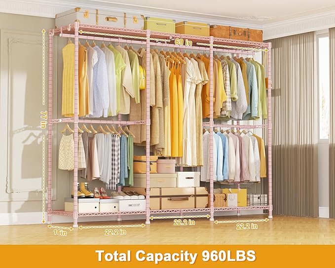E14 Pro Heavy Duty Clothes Rack，Freestanding Clothing Racks for Hanging Clothes，Adjustable Closet Organizers and Storage，Metal Garment Rack with Shelves 69"W x16"D x77"H，Max Load 960LBS，Pink