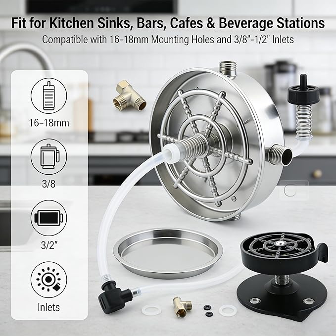 Glass Rinser for Sink, Upgrade Faucet Glass Rinser Head with Tray, High Pressure 360° Rotating Spray Cup Washer Bottle Cleaner, Stainless Steel Bar Sink Accessories for Kitchen Cafe Restaurant