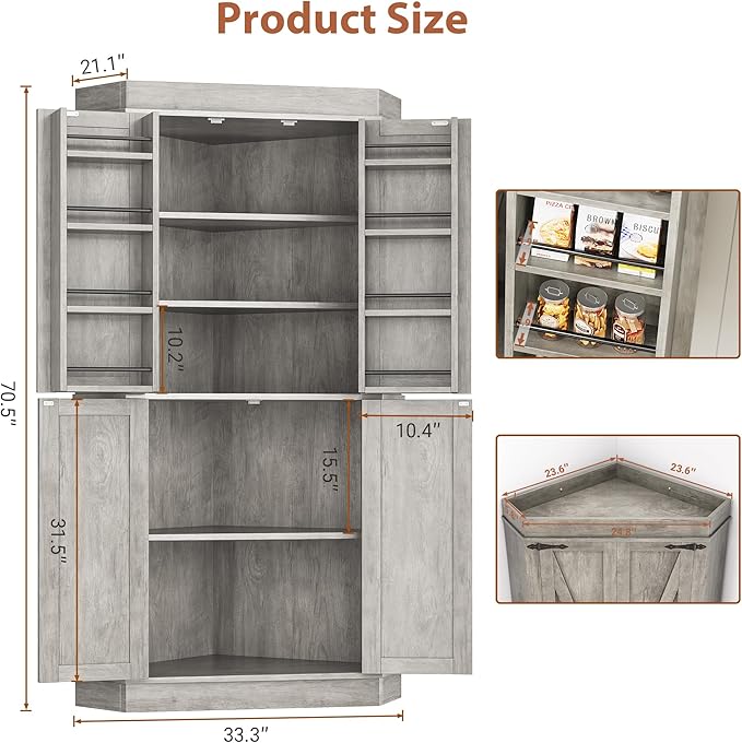 Corner Kitchen Pantry Storage Cabinet with Doors, Kitchen Hutch, 71'' Tall Food Storage Cabinet Furniture for Living Room, Dining Room (Grey)