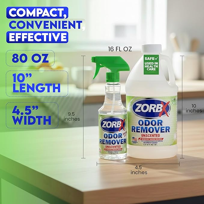 ZORBX Unscented Odor Eliminator for Strong Odor 16 Oz + 64 Oz - Used in Hospitals & Healthcare Facilities - Advanced Trusted Formula, Fast-Acting Odor Remover Spray for Dog, Cat, House & Carpet