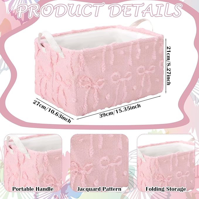 Kathfly 3 Pcs Bow Foldable Storage Baskets Plush Faux Fur Jacquard Design Laundry Basket with Handles Waterproof Storage Bins Fabric Shelf Baskets for Organizing Closet Clothes