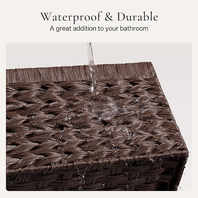 Storage Baskets with Label — Wicker Pantry Baskets for Shelves, Waterproof Woven Basket for Organizing, 2-Pack Plastic Rectangle Organizers with Handles, Dark Brown (16.5L×13W×7.5H)