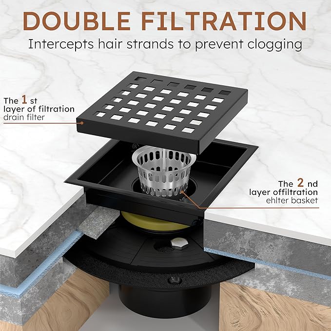 4 Inch Square Black Shower Drain Kit with Flange & Lifting Hook, Modern Floor Drain with Removable Quadrato Pattern Grate, Stainless Steel SUS 304 (Matte Black, 4 Inch)