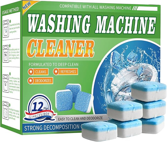 Washing Machine Cleaner Tablets 12 Pack - Deep Cleaning Tablets for HE Front & Top Load Washers, Septic Safe, Eco-Friendly, Removes Residue & Odors