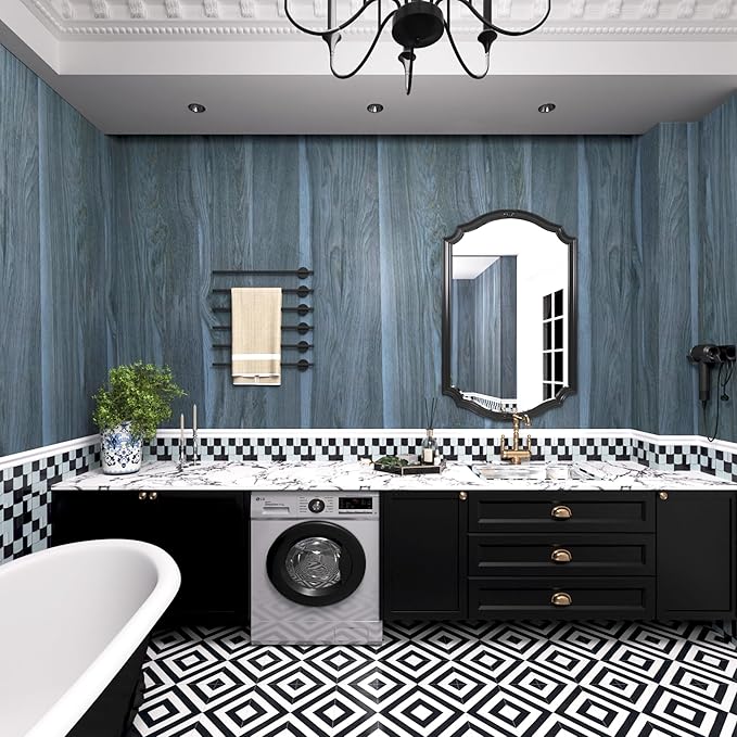 Bomeng Blue Wood Grain Contact Paper Grey Wood Look Wallpaper Peel and Stick Countertop Covers Waterproof 16x354inch Kitchen Cabinet Wallpaper for Cabinets Desk Walls Dresser Cover Top Kitchen Cabinet