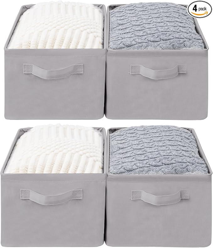 Storage Basket Bins with Metal Frame, Large Collapsible Fabric Storage Baskets for Organizing Shelf, Basket Organizer W/Handles for Blankets, Towels, Laundry, Shelves, 4-Pack, Grey