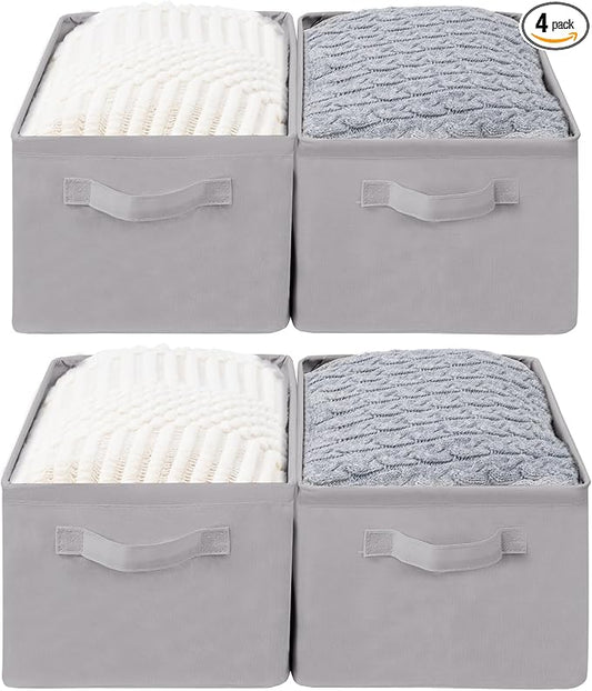 Storage Basket Bins with Metal Frame, Large Collapsible Fabric Storage Baskets for Organizing Shelf, Basket Organizer W/Handles for Blankets, Towels, Laundry, Shelves, 4-Pack, Grey