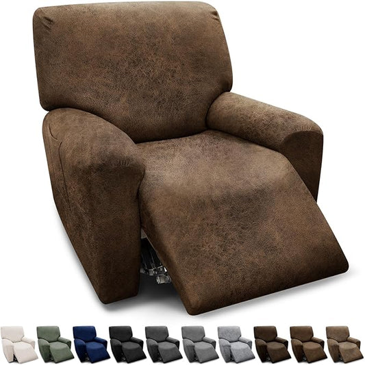 Chair Covers 4-Pieces Recliner Chair Covers 1 Seater Cover for Recliner Chair Leather Look Recliner Slipcovers with Pockets Spandex Fabric Furniture Covers(Recliner, Brown)