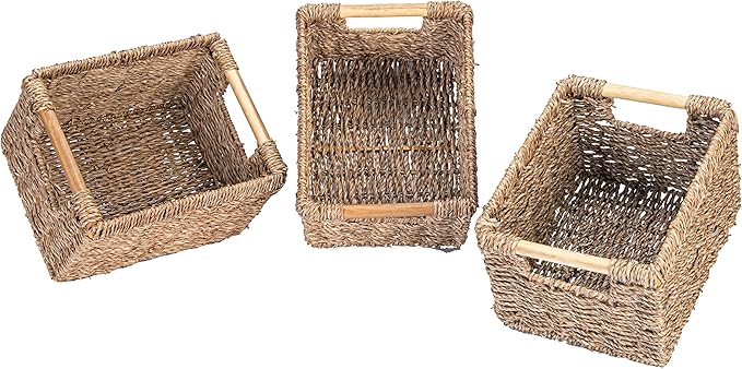 Small Wicker Baskets for Organizing Bathroom, Seagrass Baskets for Storage, Wicker Storage Basket with Wooden Handle, Decorative Small Organizing Basket 10.3 x 7.7 x 6.3 inches - 3 Pack