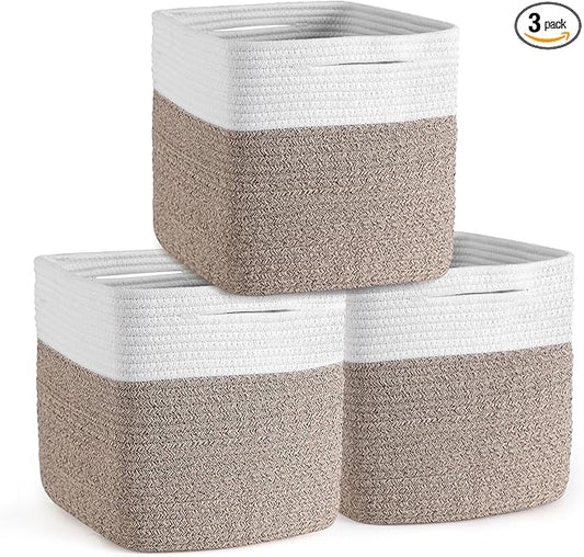 Storage Cubes 11 Inch Storage Baskets for Shelves, Set of 3 Cotton Rope Woven Baskets for Organizing, Cube Storage Square Bins for Toy, Playroom Decor, Classroom, Closet, White+brown