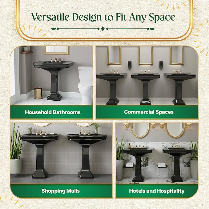 Victoria 32" Large Black Pedestal Bathroom Sink With Overflow Heavy Duty Porcelain Pre-Drilled Widespread Faucet Holes Renovators Supply Manufacturing