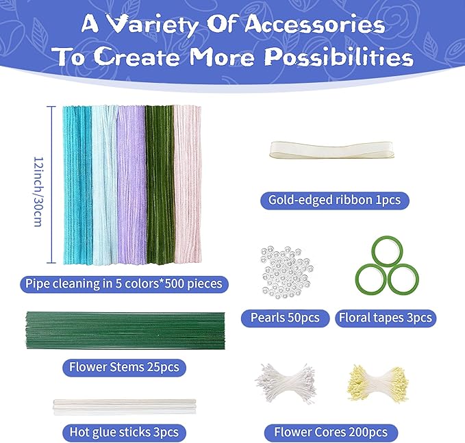 500PCS Pipe Cleaners Craft for Flower - 5 Assorted Colors Chenille Stems Pipe Cleaners Bulk 25sturdy floral stems, 200Stamens, Ribbon, Glue Sticks & Pearls for DIY Bouquets & Home Decor(Blue)