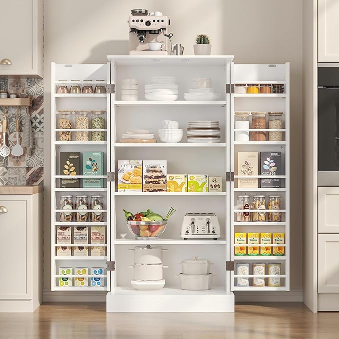 47" Tall Kitchen Pantry Cabinet, Snow-White Pantry Storage Cabinet with Adjustable Shelves, Barn Doors and Drawer Farmhouse Cupboard for Kitchen, Dining Room, Bathroom (16" D x 24" W x 47")