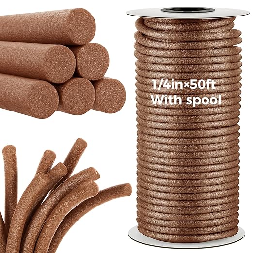 1/4 Inch x 50 ft Foam Backer Rod for Gaps Joints Concrete Crack Filler Caulk Saver Bulk Foam Backing Rod Concrete Filler Rope for Weather Stripping Door Seal (Brown)