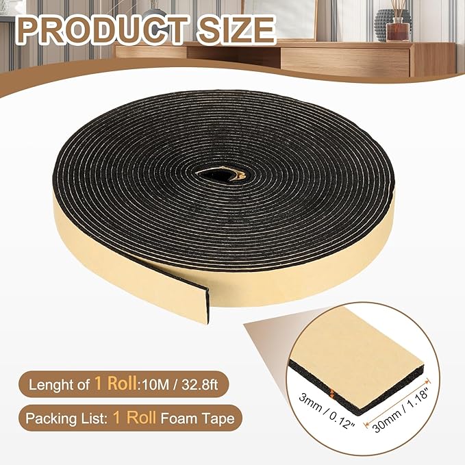 PATIKIL Foam Insulation Tape, 1-3/16" W x 1/8" t x 32.8FT Self Adhesive Weather Stripping Door Seal Strip for Door Window Air Conditioning, Black