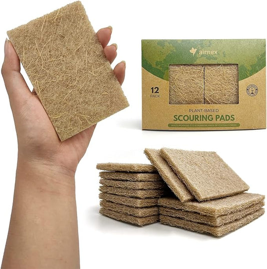 Plant-Based Scouring Pads for Dishes - Coconut Husk Non Scratch Scrub Pads - Natural Kitchen Scrubbing Pads for Pots & Pans - Eco Friendly & Non Abrasive Dish Scrubber Pads - Pack of 12