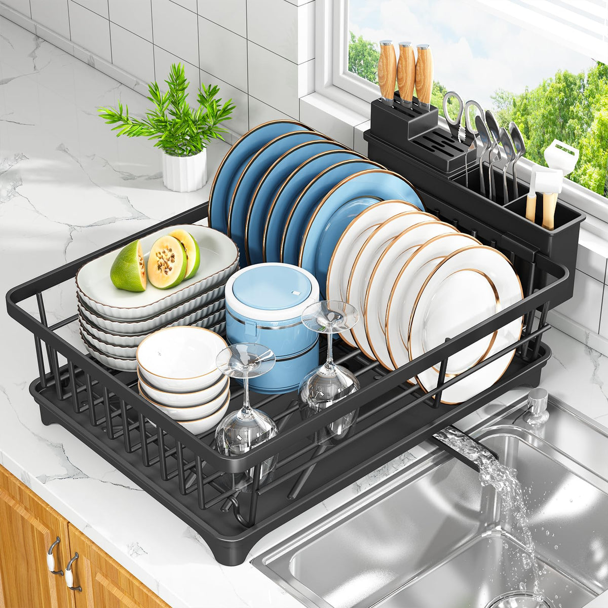 Kmiectse Dish Drying Rack for Small Kitchen Counter with Utensil - Image 1