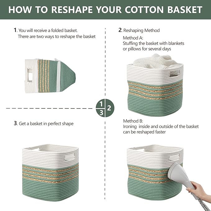 UBBCARE Set of 4 Storage Cubes 13 X 13 X 13 in, Water Hyacinth Storage Bins for Shelves, Toys, Book, Storage Baskets with Handles, Cotton Rope Woven Baskets for Organizing, Green