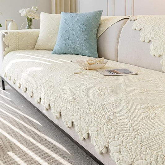 Cotton Quilted Dog Couch Cover for Sofa Farmhouse Rustic Embroidery Sectional Couch Cover Soft Anti-Slip Sofa Slipcover Furniture Protector for Kids, Pets (Ivory,28"x59")