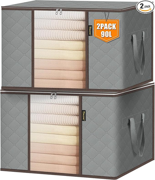 BALEINE 2 Pack Clothes Storage Bags, 24 Gallon Storage Containers with Reinforced Handle, Sturdy Zipper, Closet Organizer for Blanket, Comforter, Pillow, Bedding (Grey, 2 Pack)