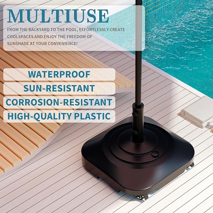 Umbrella Base,Heavy Duty Patio Umbrella Stand with 5 Wheels, Max 100lb Fillable Umbrella Holder Wind-Resistant, Mobile Square Market Stand for Outdoor, Deck, Poolside, Lawn (19 in)