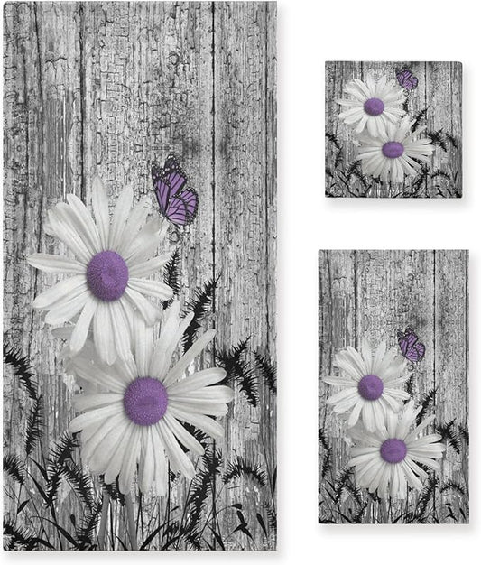 3 Piece Rustic Daisy Bath Towels Set,Microfiber Absorbent Purple Flower Butterfly Grey Barn Farmhouse Towels for Bathroom,1 Bath Towel,1 Hand Towel,1 Washcloth,Decorative Bathroom Towels