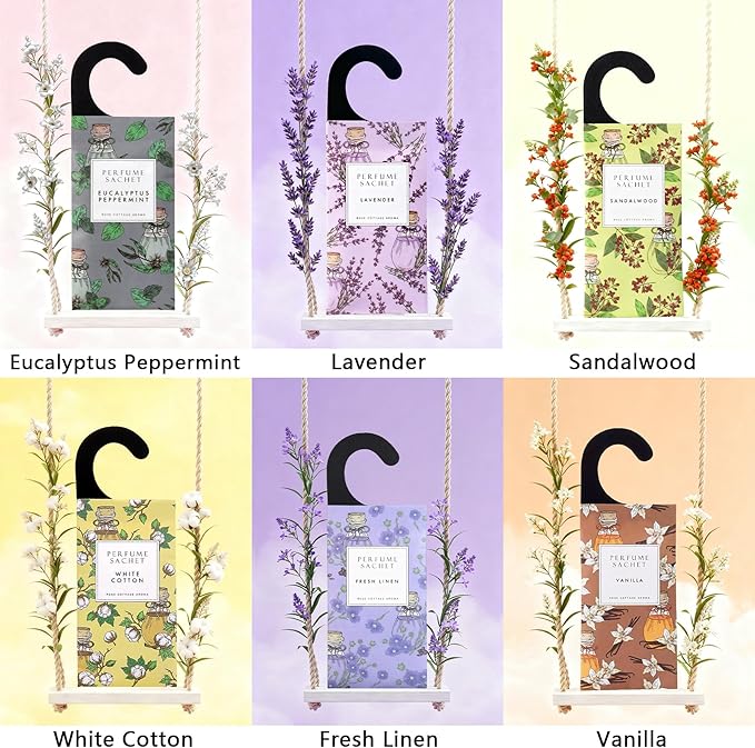 ROSE COTTAGE Large 12 Packs White Cotton Hanging Closet Deodorizer Air Freshener Long Lasting Scented Sachets Smell Goods for House