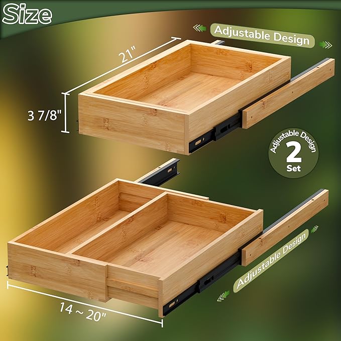 BAMEOS Expandable Pull-Out Cabinet Organizer – 14" to 20" Adjustable Width, Soft-Close Drawers for Kitchen, Pantry, Bathroom & Under Sink, 2-Pack Wooden Storage, 21" Depth, 66 lbs Capacity