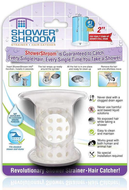 ShowerShroom The Revolutionary 2" Stand-Up Shower Stall Drain Protector Hair Catcher/Strainer, White