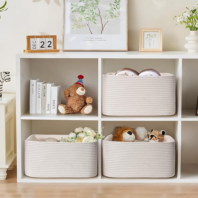 3 Pack Large Storage Basket for Organizing, 17.5"x13"x7" Woven Basket for Shelves, Closet Cube Storage Bins with Wrapped Handle, Cotton Rope Baskets for Kitchen, Clothes, Toys(Off White)