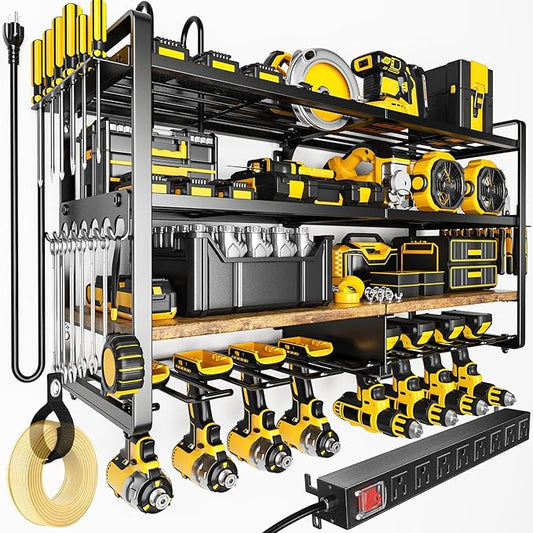 Large Power Tool Organizer with 8 Outlet Charging Station, Loads 600lbs, 4 Layer Heavy Duty Utility Rack Holds 8 Cordless Drills, Wall Mount Tool Battery Garage Storage Shelf, Gift for Men