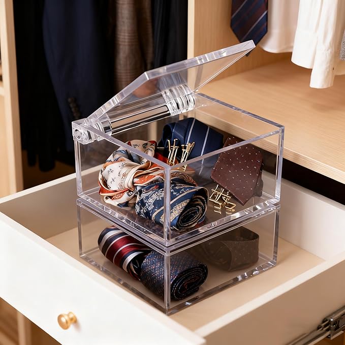 KissYou Acrylic Box with Lid 2 Packs Clear Storage Contanier Coffee Pod Holder Organizers Accessories Clear Hinged Lid Box