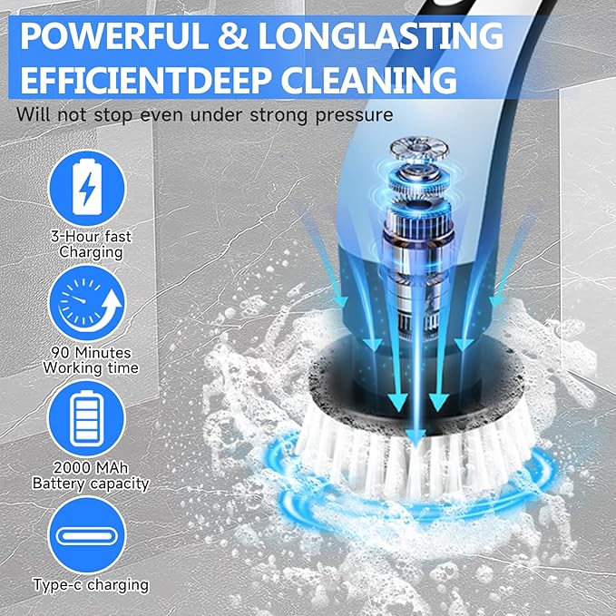 PUNOMO Electric Spin Scrubber, 2026 Upgraded Cordless Cleaning Brush Bathroom Scrubber with 8 Replaceable Brush Heads, Adjustable Long Handle Power Scrubber for Bathtub Shower Kitchen Floo