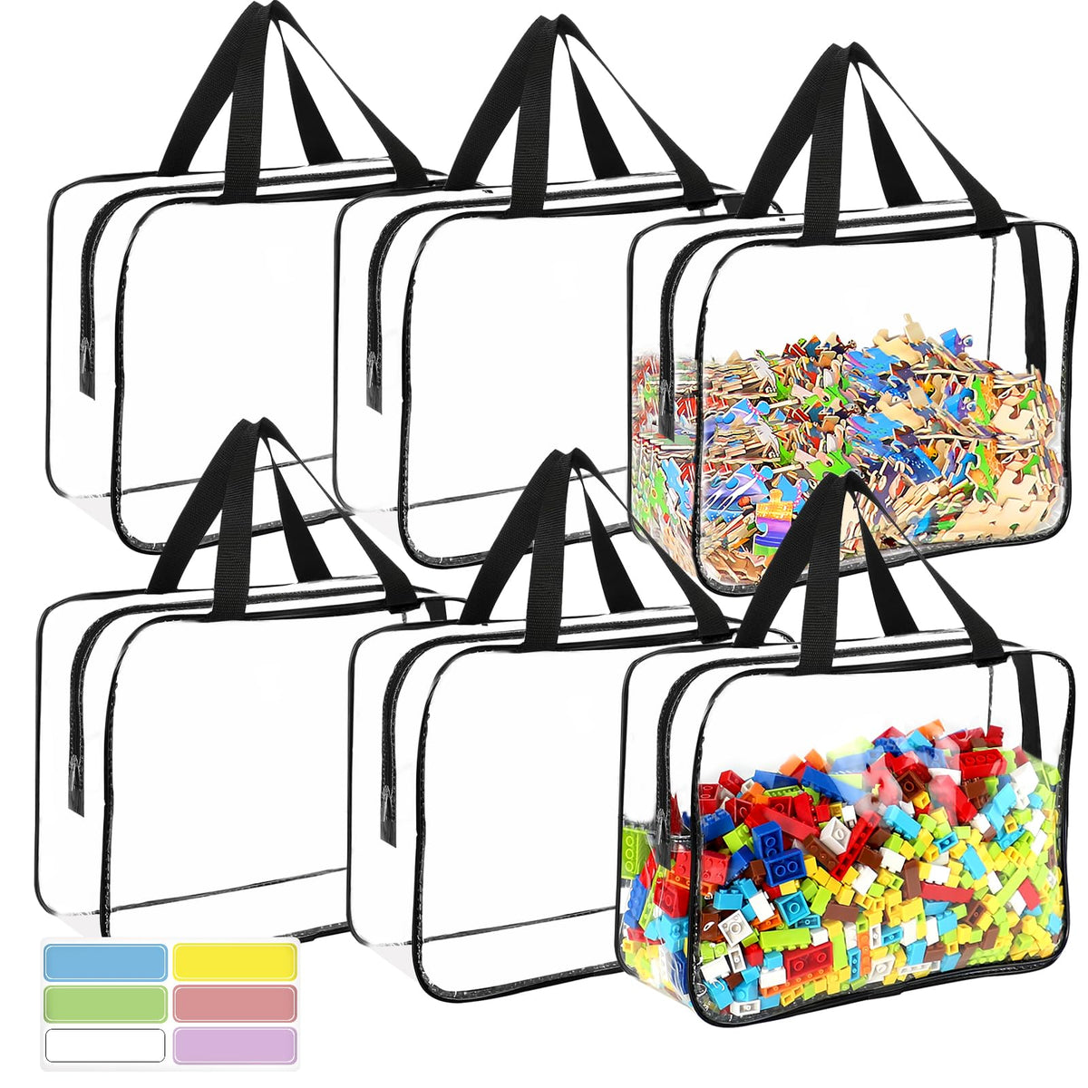 6 Packs Large Toy Storage Bags with Labels Reusable Clear - Image 1