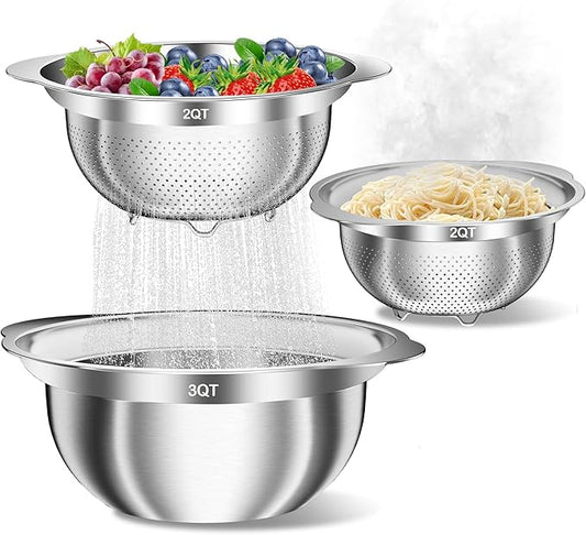 Stainless Steel Colanders with Mixing Bowl - 2.0QT & 2.0QT Strainer and Colander with Handle, 3.0QT Nesting Kitchen Bowl with Colander For Pasta, Vegetables, Fruit, Rice, 3PCS