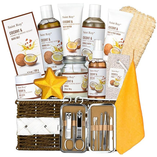 26 Pcs Coconut Honey Almond Spa Gift Basket for Women & Men Spa Gift Basket Luxury Bath and Body Basket Set, Large Luxury Home Spa Kit, Relaxing Self Care Pamper Gifts Birthday Bridal Shower